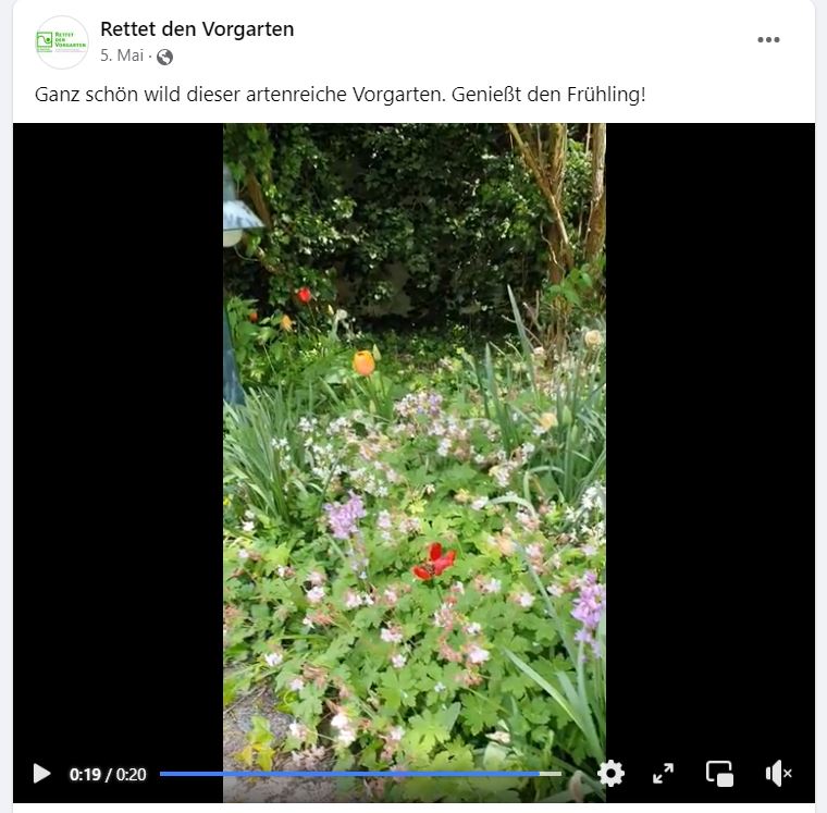 Facebook Kanal von Rettet den Vorgarten zeigt ein Videos eines artenreichen Vorgartens